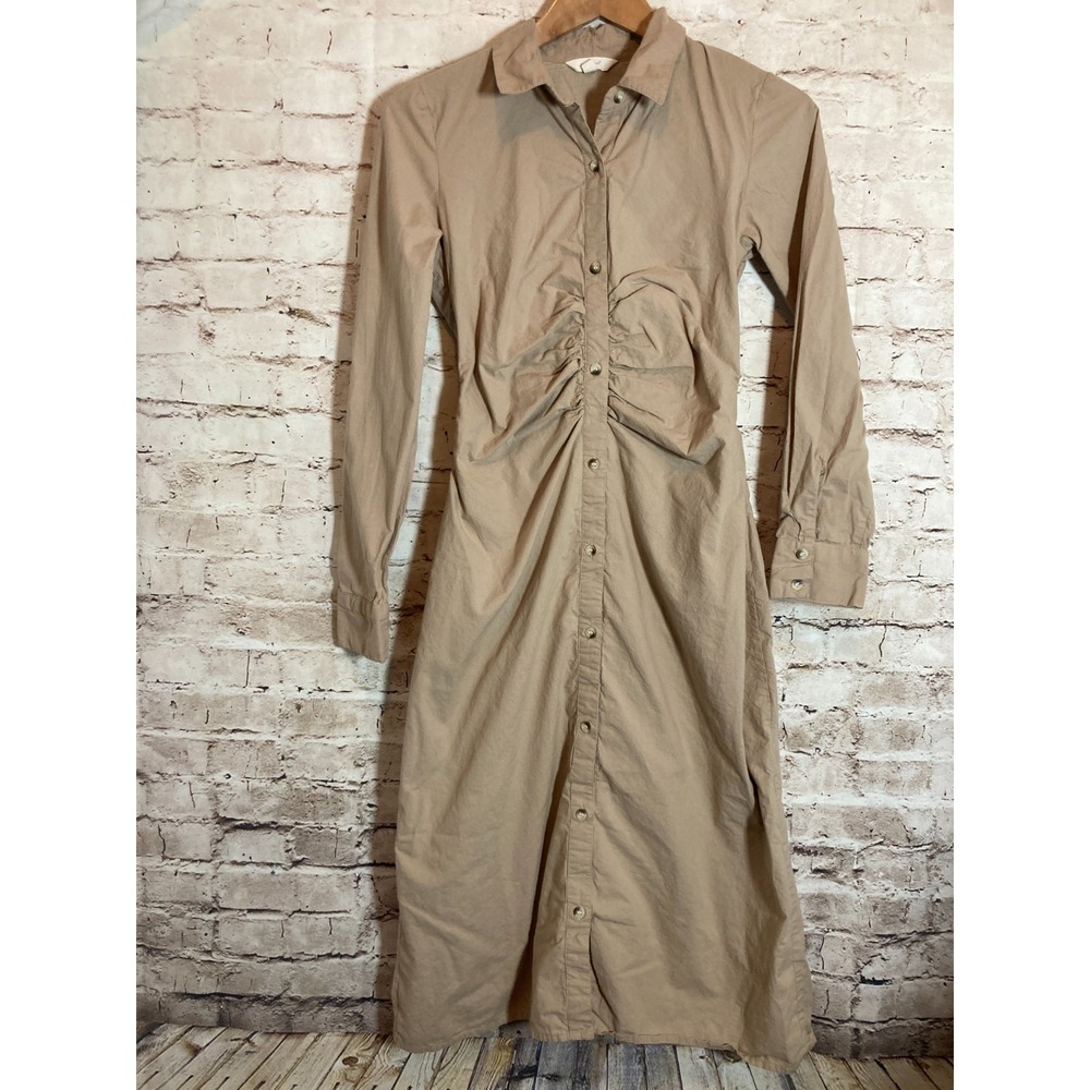 Sim & Sam Shirt Dress Womens Small Dark Khaki‎ Ruched Midi Full Button Front